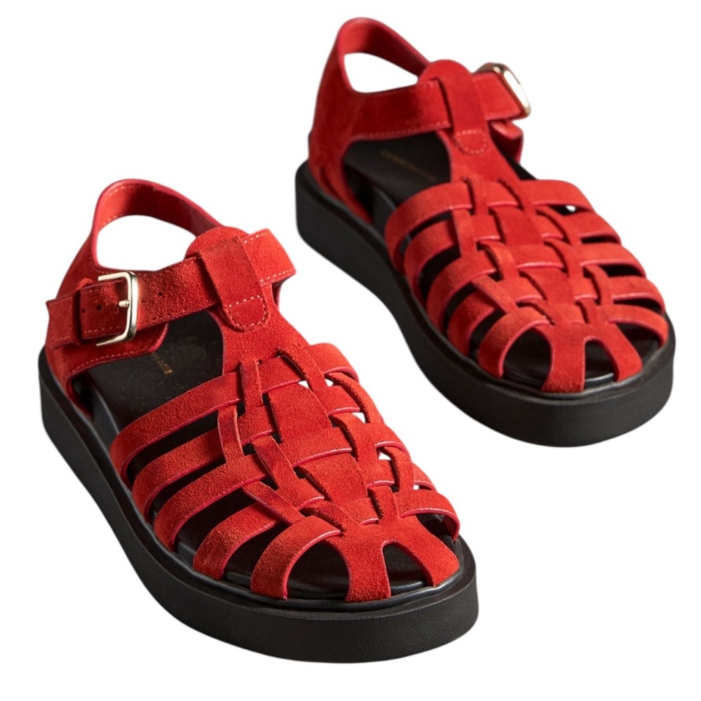 Anthropologie Red Suede Strappy Platform Sandals - Picture 2 of 7